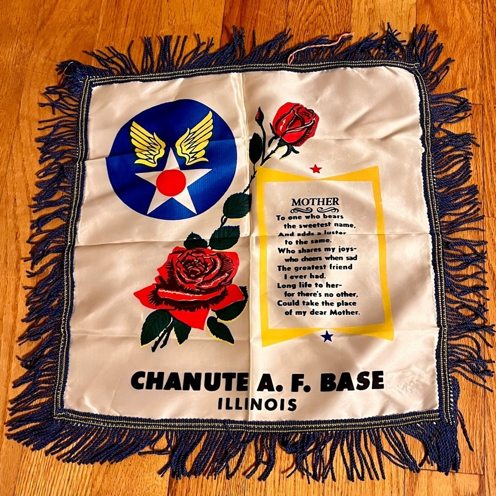 WWII Vintage Chanute AF Base Mother Poem Souvenir Satin Pillow Cover Fringe 17"